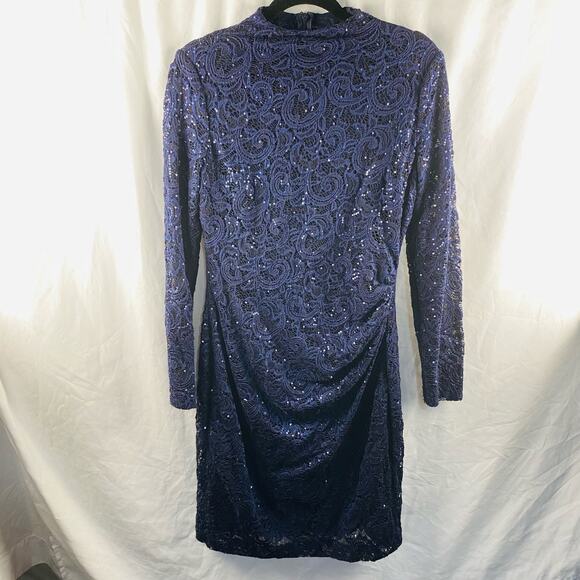 Lauren‎ Ralph Lauren Navy Mock Neck Lace Sequined Long Sleeve Ruched Dress 12 - Picture 1 of 9